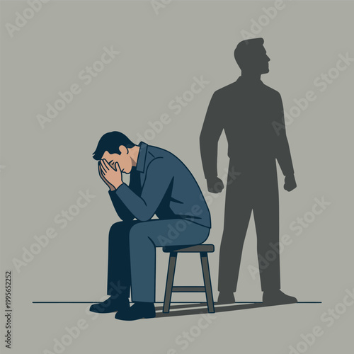 A man sits in despair but behind him his shadow stand proud vector illustration