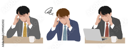 仕事で頭を抱える男性ビジネスパーソンのイラスト素材 ベクター ノートパソコン 白背景
