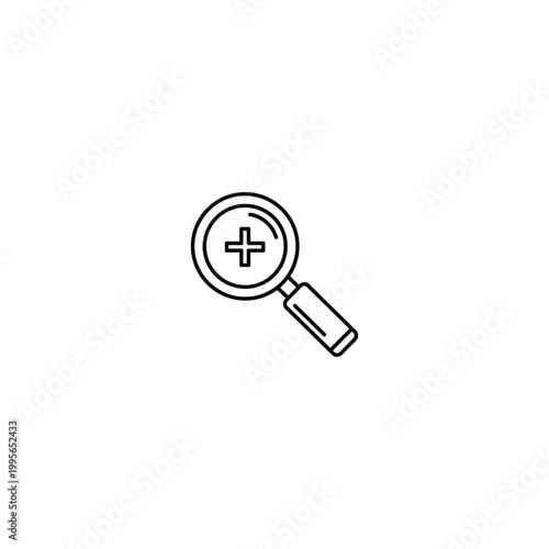 Black line icon of a magnifying glass with a plus sign isolated on white background