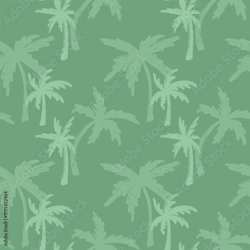 Green Grunge Palm Trees Seamless Pattern. Monochrome tropical trees summer pattern. Hand drawn brush stroke palm trees vector textile design