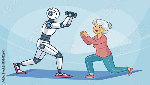 A cartoon robot and an elderly woman are exercising together in a fun and modern fitness setting.