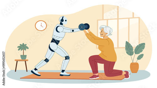 A robot assists an elderly woman with a dumbbell exercise in a home gym setting.