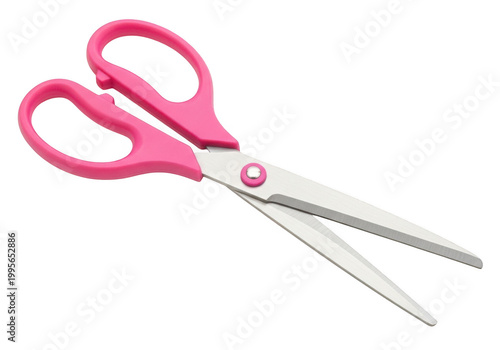 Pink scissors open on white background