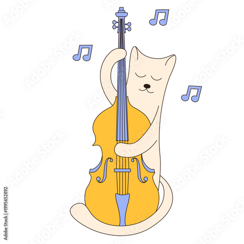 Simple hand drawn cat with double bass. Vector illustration of cat with Contrabass isolated transparent background. Perfect music t-shirt print. Editable stroke . EPS 10