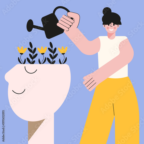 Mental Health. Flat unreal size person with watering can watering plants in the head isolated blue background. Vector illustration for psychology help support  Mental Health concept design. EPS 10