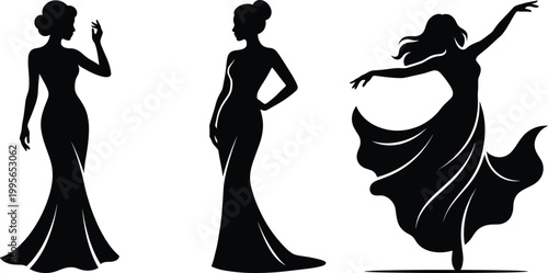 Elegant dress silhouettes fashion gown icon illustration, evening wear artwork design, couture motif concept symbol graphic, black white professional representation