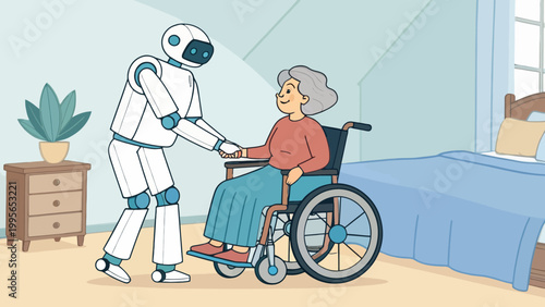 A robot assists an elderly woman in a wheelchair in a cozy bedroom with a bed and a plant