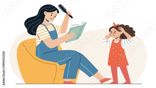 A mother reading a book while combing her daughter's hair in a cozy setting