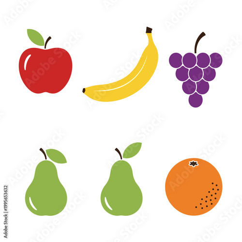 A vibrant collection of six fresh fruits, including an apple, banana, grapes, two pears, and an orange, artfully arranged on a white background.