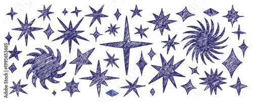 Hand Draw Doodle Twinkle Star and Sun Set. Crayon Spark and Shooting Firework Sparkle Texture Mark Kit. Freehand Charcoal Firecracker Star Illustration. Pencil Drawing Twinkle Sketch Shape Bundle.