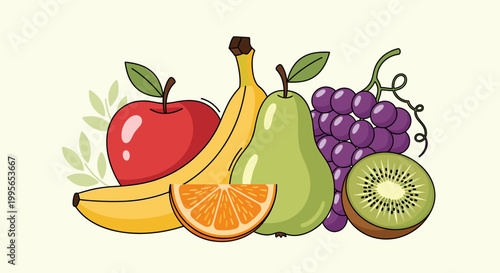 A vibrant assortment of fresh fruits including apples, bananas, pears, grapes, oranges, and kiwis, artfully arranged on a light background.