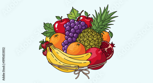 A vibrant illustration of a bountiful fruit basket filled with a variety of fresh, colorful fruits like apples, grapes, pineapples, oranges, bananas, and pomegranates.