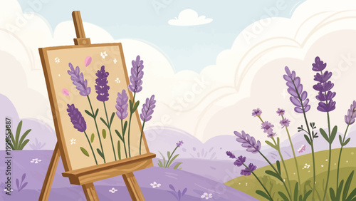 A serene landscape with an easel standing in a field of lavender flowers under a blue sky with fluffy white clouds.