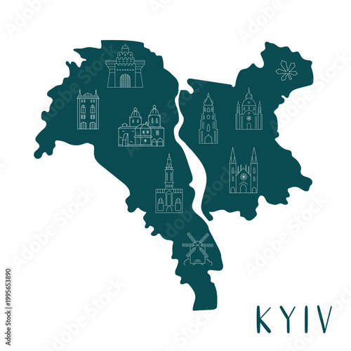 Kyiv city illustrated map with famous landmarks and Dnipro river in line art style, Ukraine