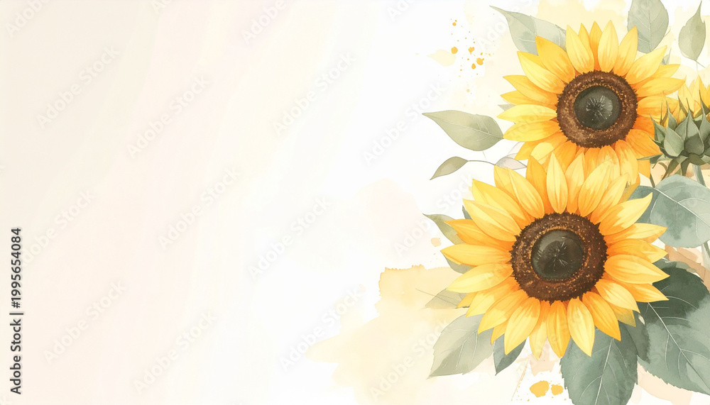 Obraz premium 水彩で描かれた夏のひまわりと葉が右側を華やかに彩る、明るく優しいタッチのナチュラルなイラスト背景。広々としたコピースペースが特徴で、ウェブサイトのヘッダーやSNS投稿、メッセージカードに最適なデザイン素材