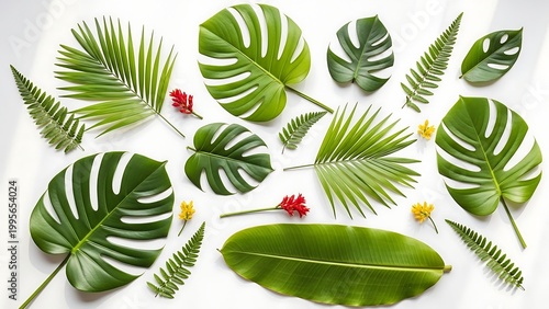 Tropical leaves and flowers arrangement.