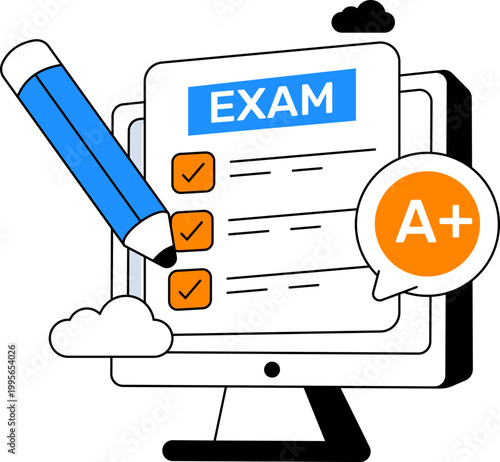 Computer monitor exam paper pencil for online testing and academic success vector illustration