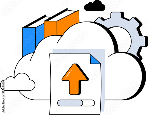 Cloud storage with books gear and upload document for online digital education vector illustration