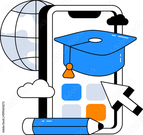 Graduation cap and smartphone with pencil for global digital distance learning vector illustration