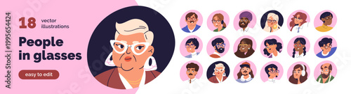 Head portraits of diverse people in glasses set. Men and women in spectacles, user profiles. Modern characters wearing eyeglasses, face avatars. Flat vector illustrations isolated on white background