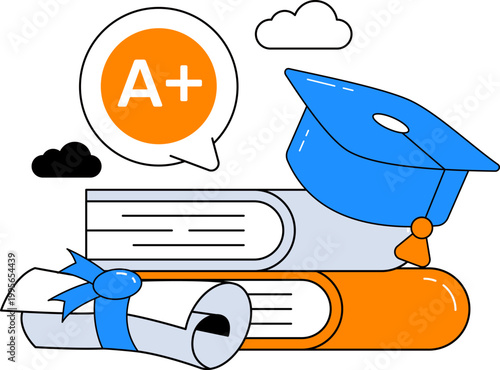 Graduation cap books diploma and academic grade for online education success vector illustration