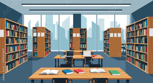 Modern Library Interior with Bookshelves and Study Tables, City View