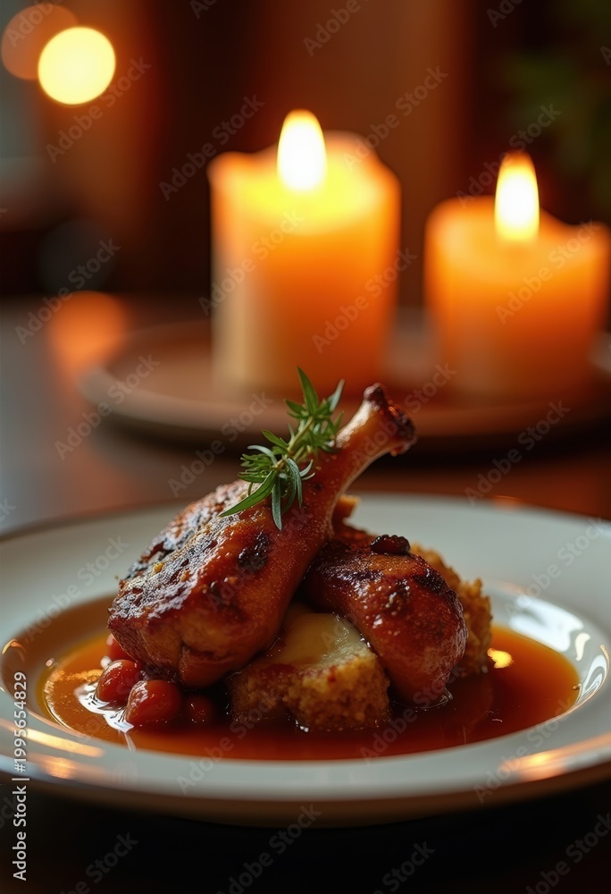 Fototapeta premium Crispy Duck Confit Glazed Skin Candlelit Bistro Ambiance Enveloped in Warm Glow