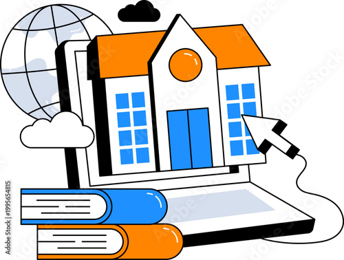 Laptop school building and books for distance learning and online education vector illustration
