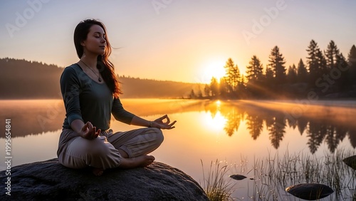 Woman meditates on serene lake shore.