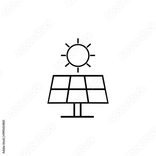 Manually drawn vector illustration of solar panel and sun. Handcrafted linear icon representing renewable solar energy green technology and sustainable power source. Isolated on white