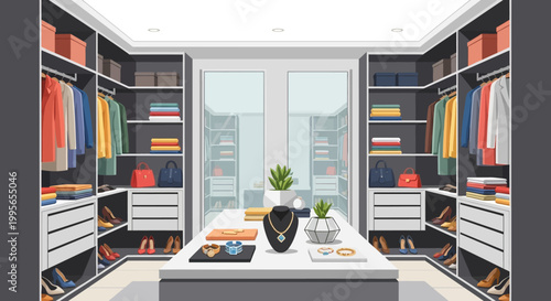 Modern Walk-In Closet with Clothes, Shoes, and Jewelry Display