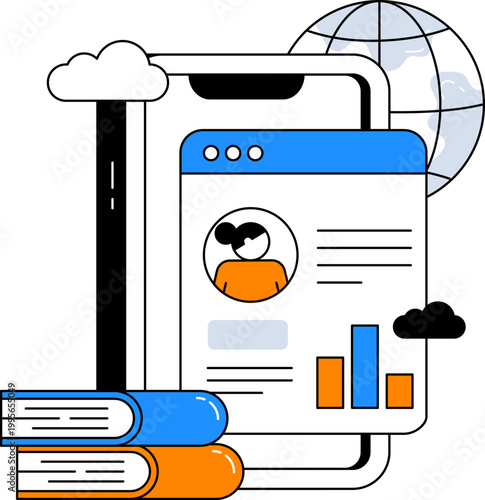 Smartphone books globe and web interface for digital learning and student progress vector illustration
