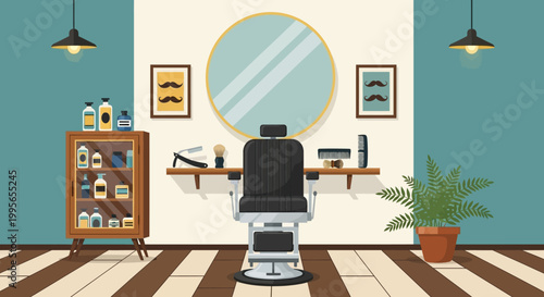 Vintage Barber Shop Interior with Chair, Mirror, and Products