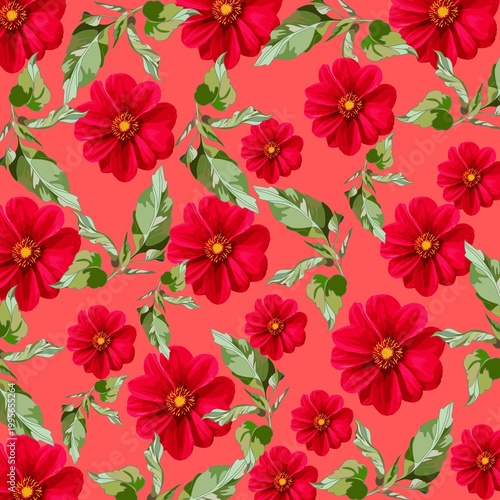 seamless floral patternRed Floral Seamless Pattern on Coral Background