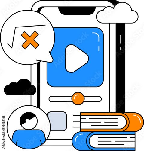 Smartphone with video player and books for online education and math lessons vector illustration