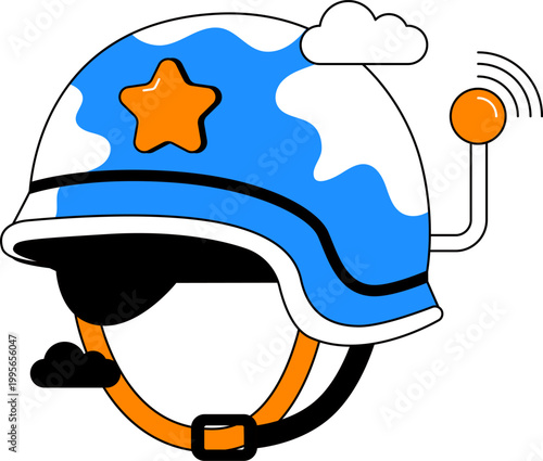 Military helmet with star emblem and antenna for radio communication defense equipment vector illustration