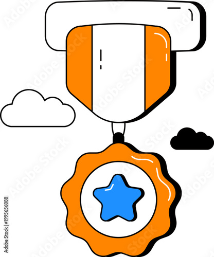 Military honor medal with star and ribbon for war veteran service reward vector illustration