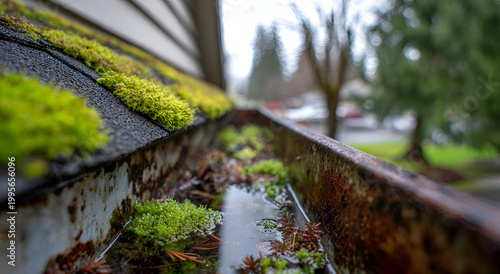 Moss and debris fill a neglected rain gutter on a residential home, indicating a need for cleaning and maintenance.
