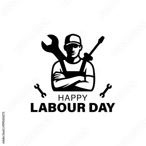 happy labour day worker with tools vector illustration, international may day labor celebration design with mechanic silhouette, handyman technician with wrench and screwdriver icon for labour day