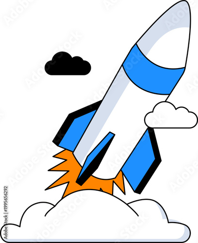 Military rocket launching from smoke for ballistic missile defense technology vector illustration