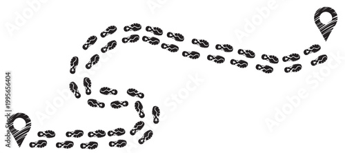 Vector cartoon panoramic horizontal composition showing runner trainers creating a trail path of footprints stretching from point A to point B