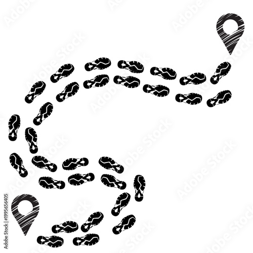 Vector cartoon square composition depicting runner trainers leaving a clear trail path of footprints going from point A to point B