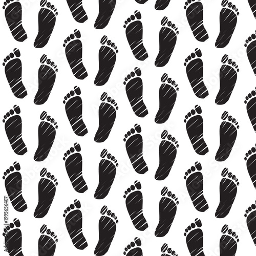 Vector cartoon seamless repeating pattern of barefoot feet track imprints arranged in a continuous tileable design. Ideal for backgrounds, wallpapers, textures, fabrics and decorative surfaces