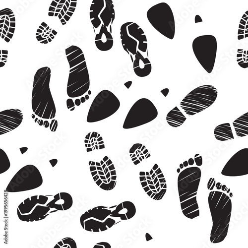 Vector cartoon black square dynamic seamless pattern composition mixing trainers, businessman shoes, barefoot feet, mountain boots and female high heel shoes in a repeating tileable layout