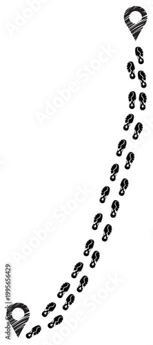 Vector cartoon vertical composition illustrating runner trainers forming a trail path of footprints leading from point A to point B