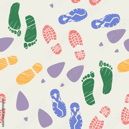Vector cartoon colorful square dynamic seamless pattern composition featuring trainers, businessman shoes, barefoot feet, mountain boots, and female high heel shoes in a vibrant repeating tileable arr