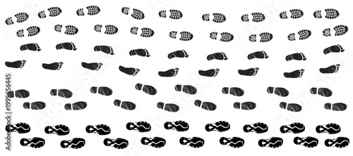 Vector cartoon set collection displaying various feet trail paths including trainers, businessman shoes, barefoot feet and mountain boots