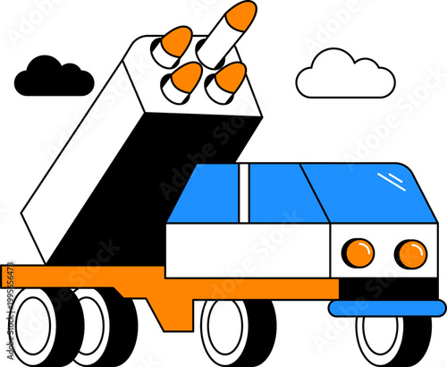 Missile launcher truck with rockets and clouds for national defense and combat vector illustration