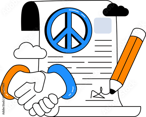 Peace symbol and scroll with handshake for military treaty agreement and negotiation vector illustration