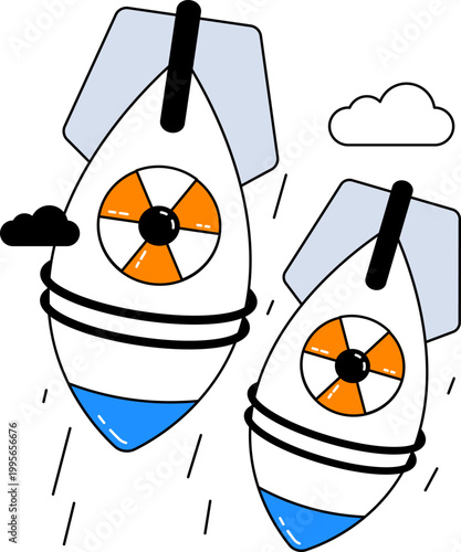 Nuclear bombs with radiation symbols falling through clouds for military warfare concept vector illustration